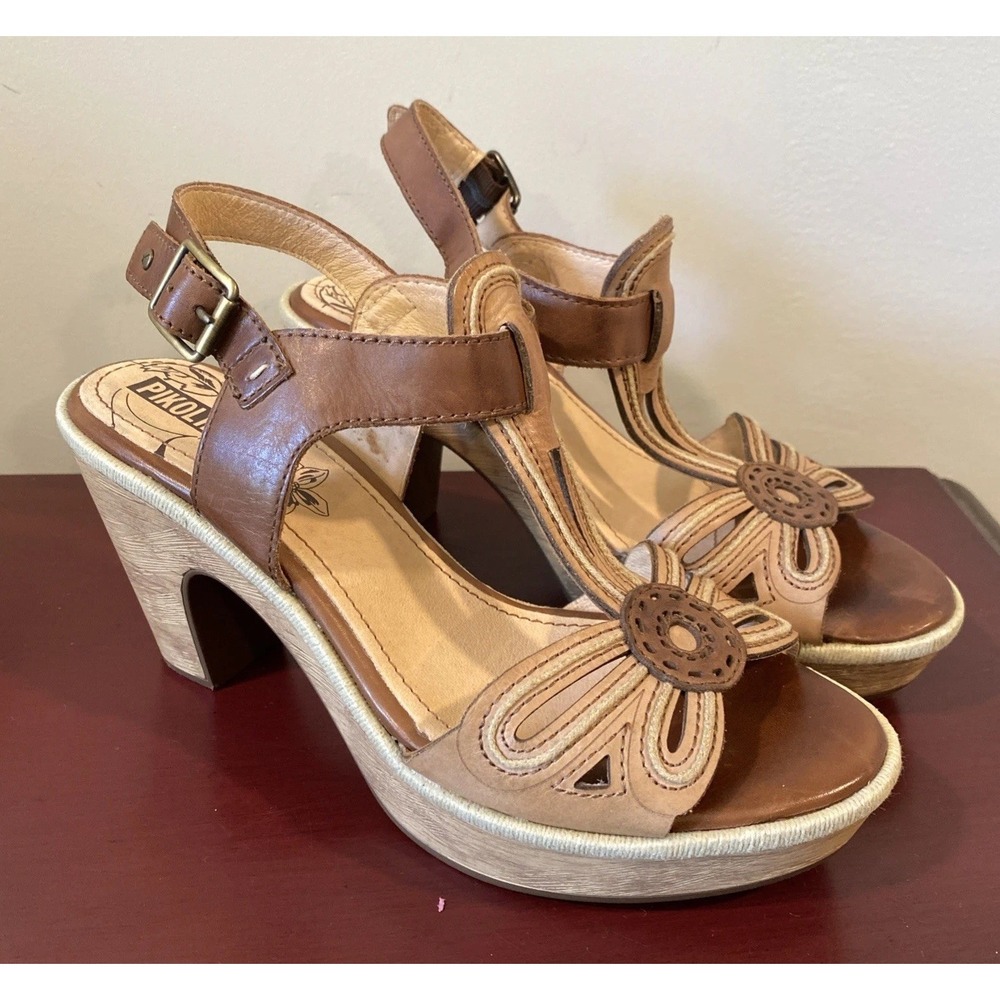 Pikolinos Open Toe Brown 37 Heels US Size 6.5 Block Heel Sandals Beige Flower